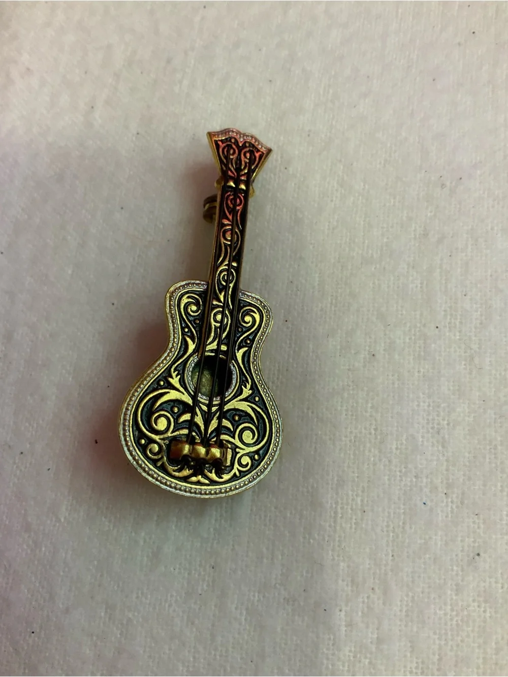Vintage Spanish Damascene Guitar Brooch Stamped Spain (Z-18)